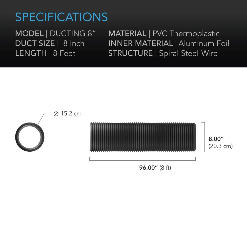 AC Infinity 8ft length ducting includes two stainless steel clamps for quick, secure mounting.