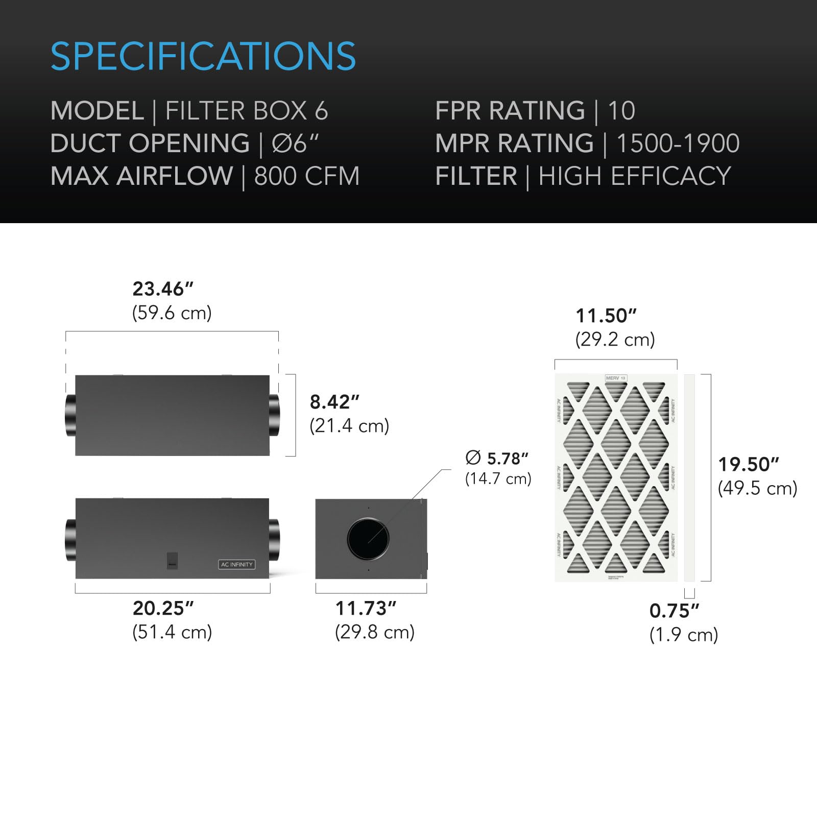 AC Infinity Inline Filter Box 6in high efficacy filter included supports dust and odor control