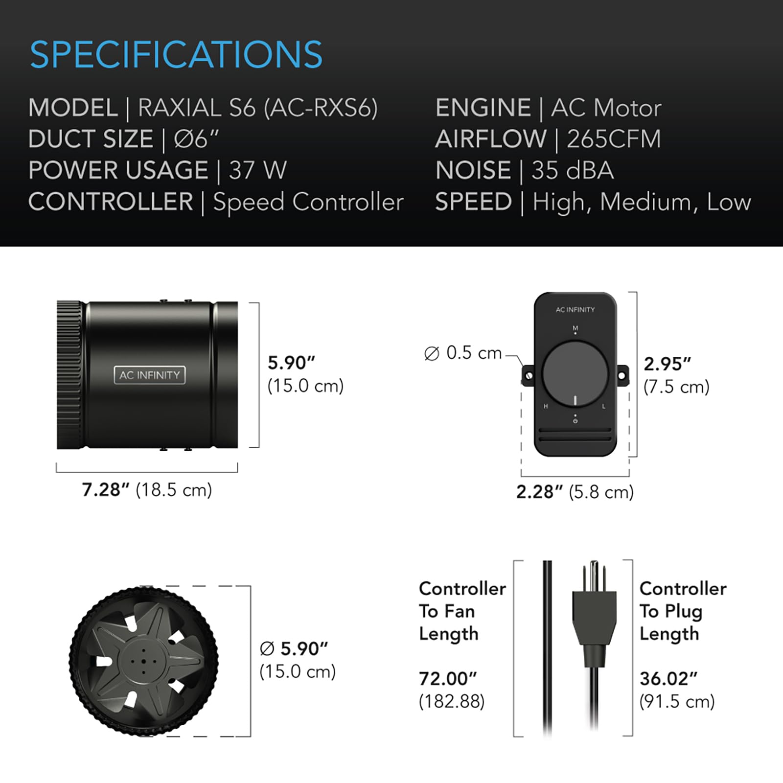 AC Infinity RAXIAL S6 low-noise operation emphasizes quiet performance around 35 dBA