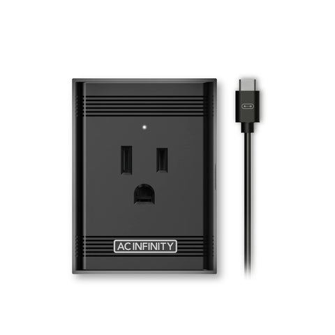 AC Infinity UIS control plug connected to outlet setup enabling automated grow equipment control