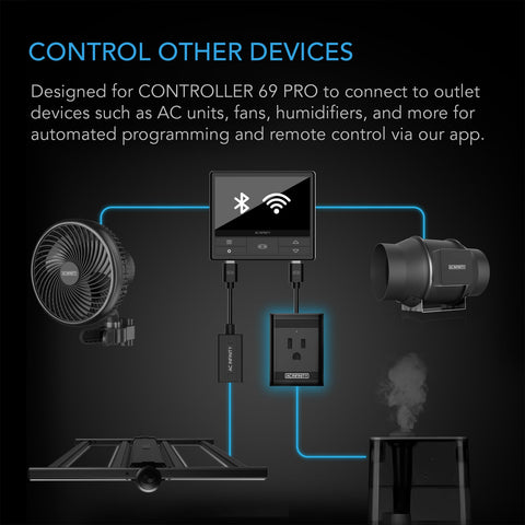 AC Infinity UIS control plug beside a controller for remote monitoring via WiFi