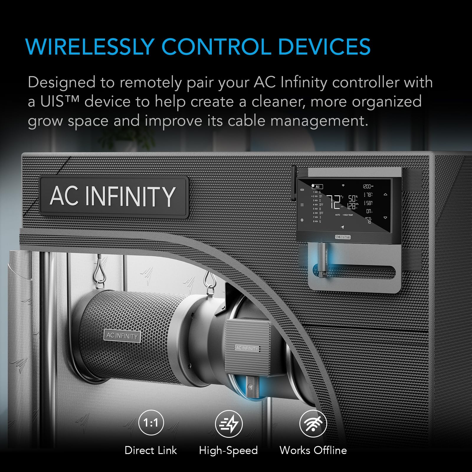AC Infinity UIS wireless 1-to-1 receiver paired with a controller for precise control.