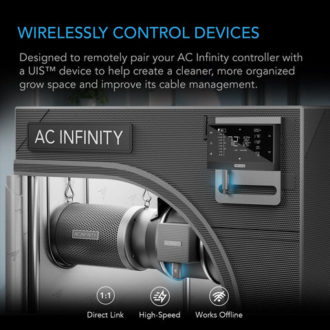AC Infinity UIS wireless 1-to-1 receiver paired with a controller for precise control.