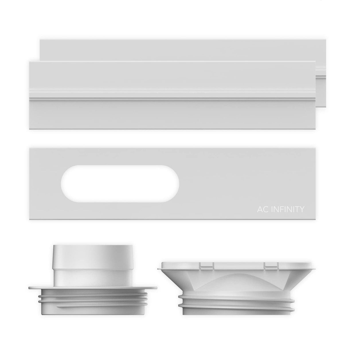 AC Infinity window duct kit adjustable rail extended for vertical or horizontal installation.