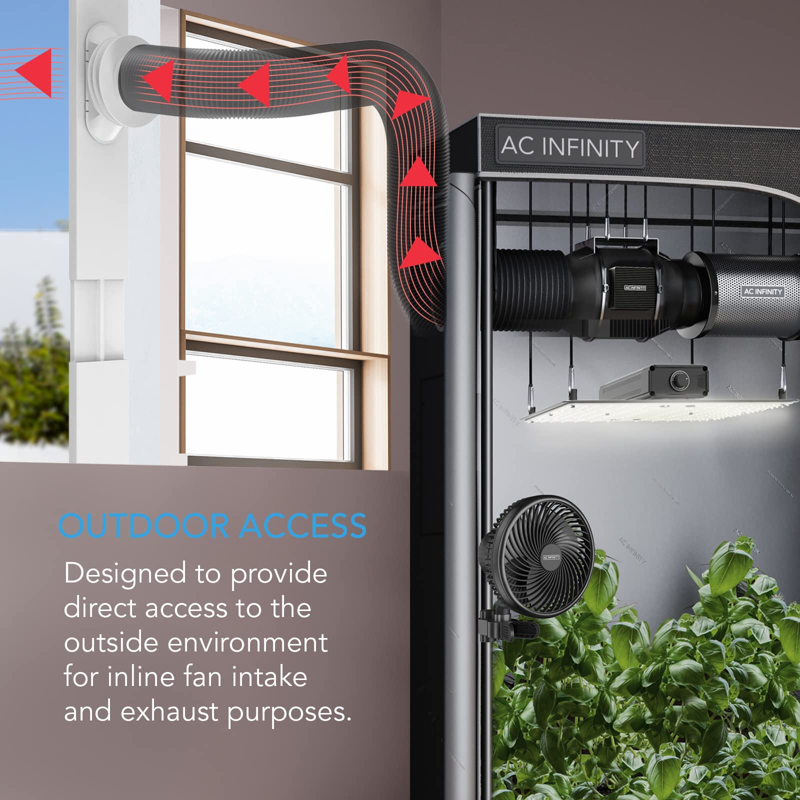 AC Infinity window duct kit durable frame blocks debris and withstands harsh weather.