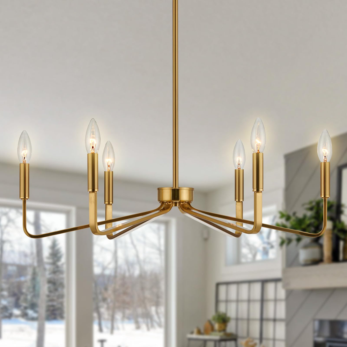 ACANER brushed gold chandelier six candle lights brighten dining areas.