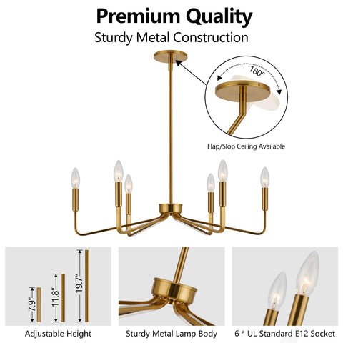 ACANER brushed gold chandelier with adjustable-height extension rods for varied ceilings.