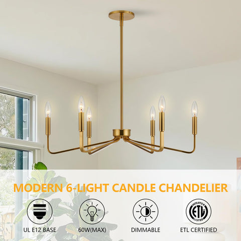 ACANER brushed gold chandelier with open tubular arms for a modern farmhouse look.
