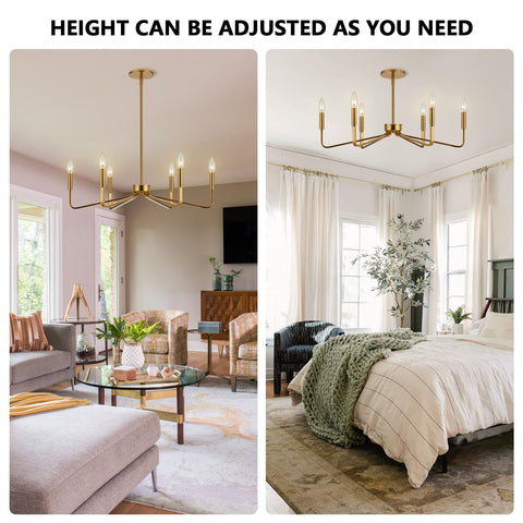 ACANER brushed gold chandelier suitable for sloped or vaulted ceilings.