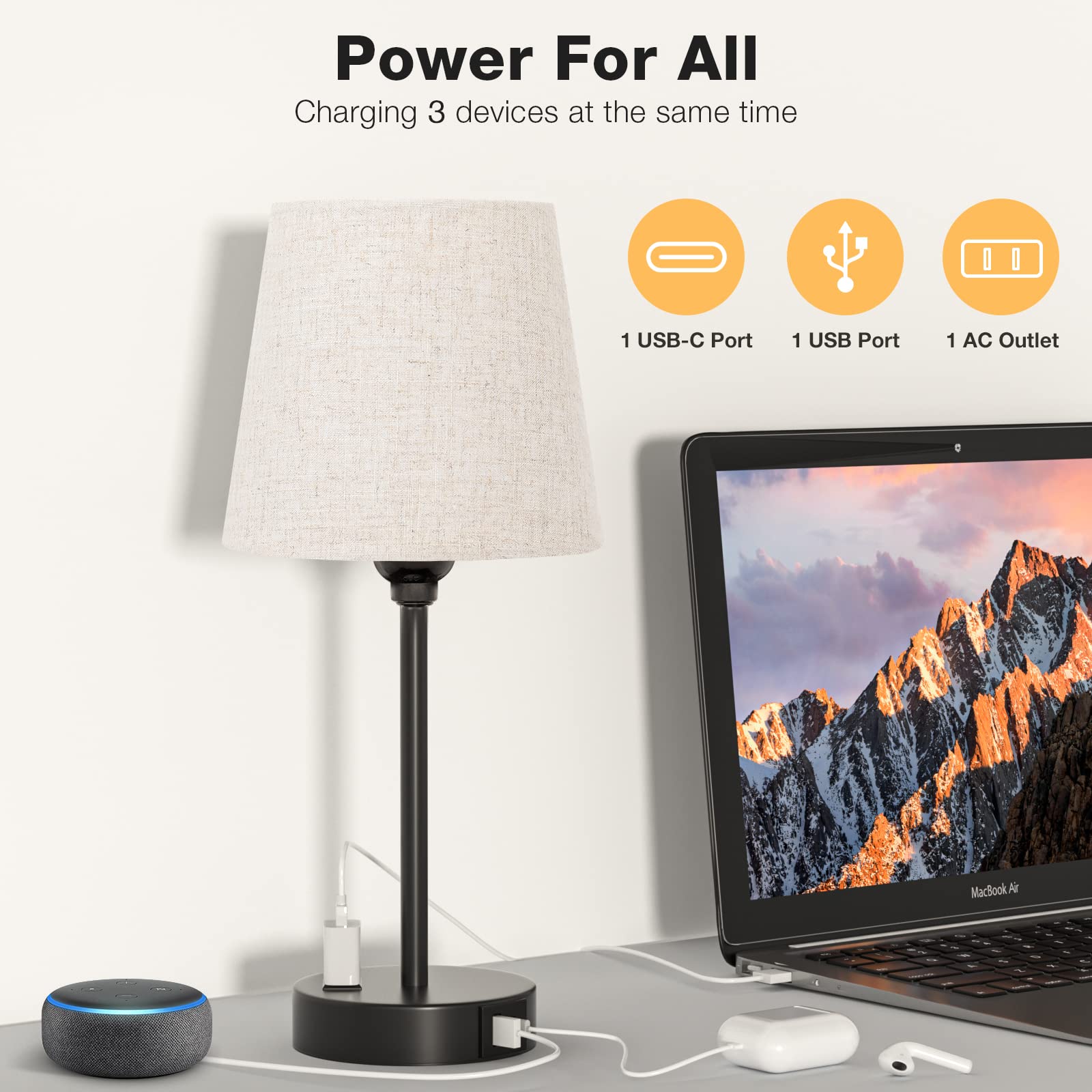 Acaxin bedside lamp with AC outlet supports charging while relaxing.
