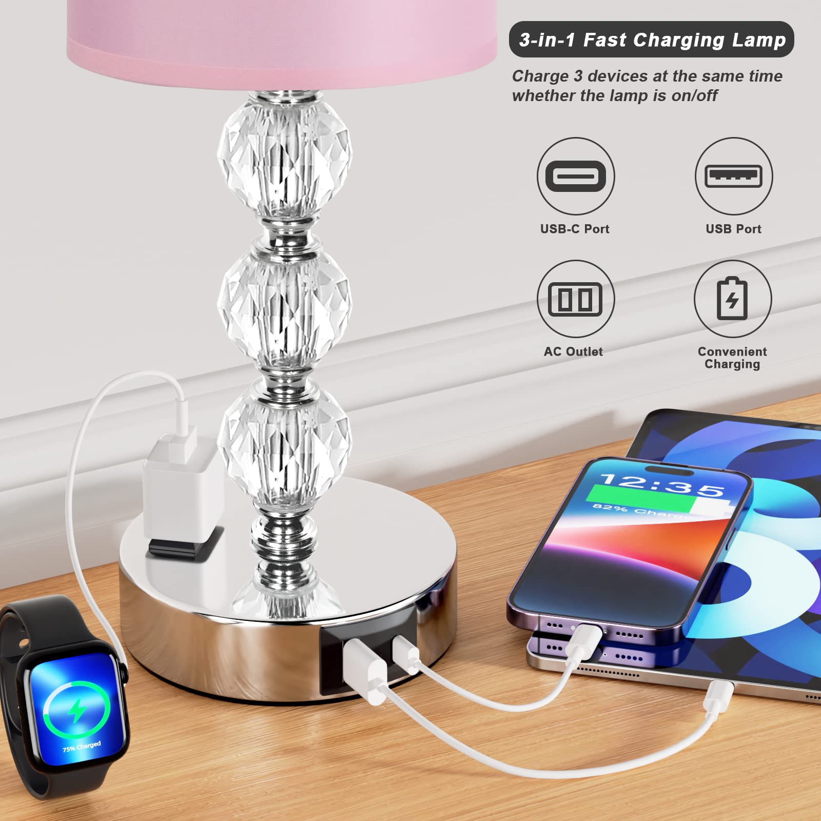 Acaxin bedside lamp with USB-A and USB-C ports plus AC outlet for charging multiple devices.