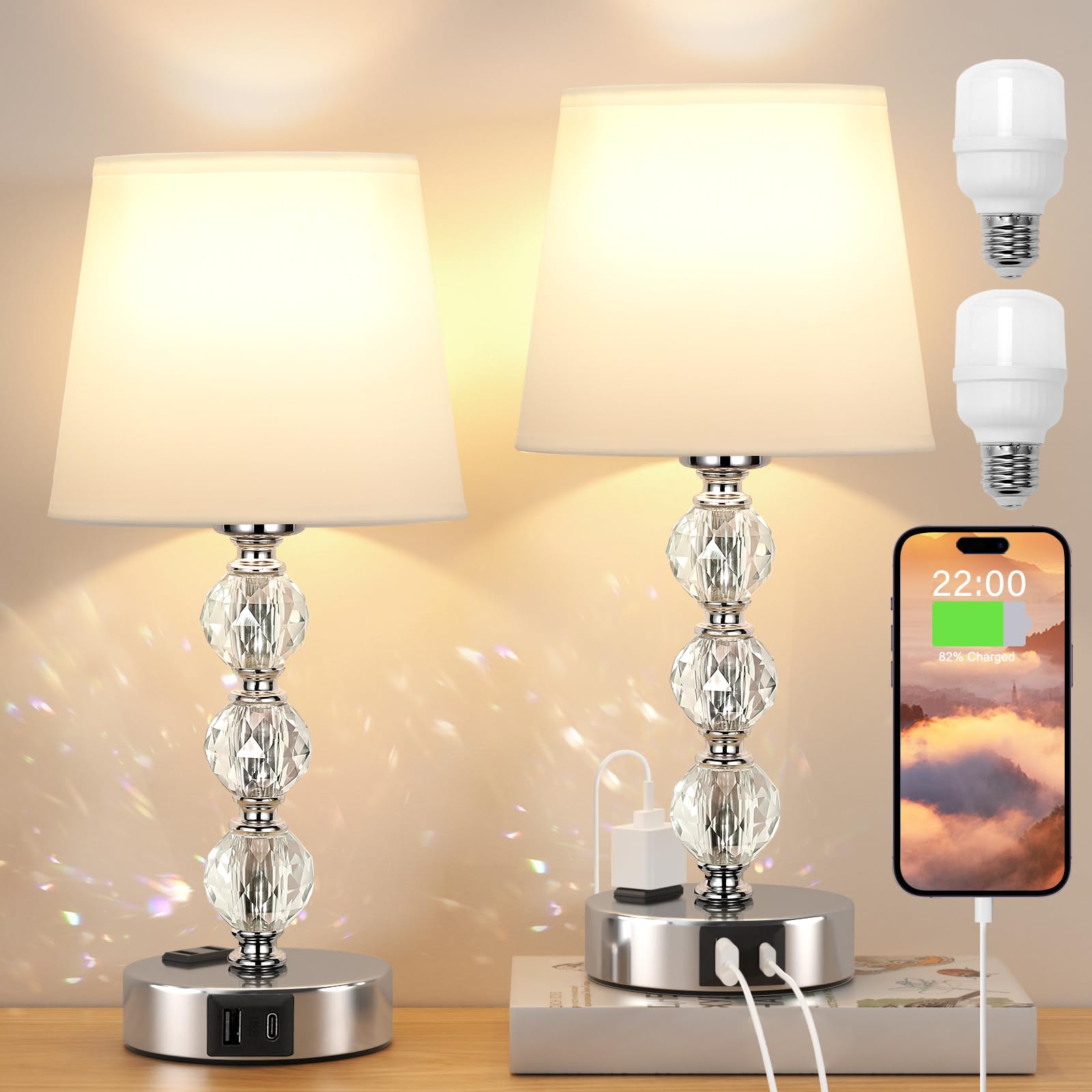 Acaxin crystal table lamp set on a bedroom nightstand, sparkling light enhances ambiance.