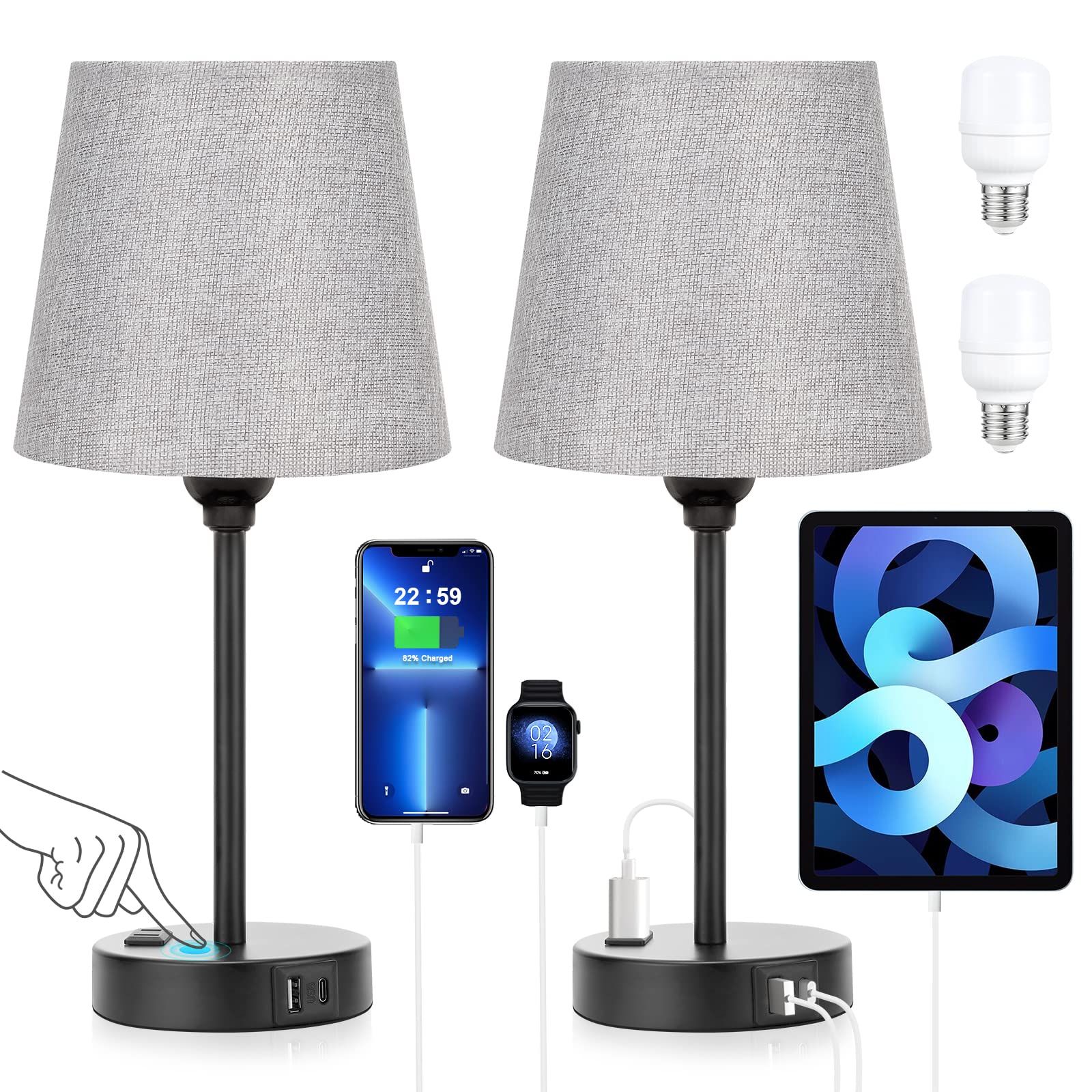 Acaxin grey bedside lamps set of 2 in front view for modern nightstands