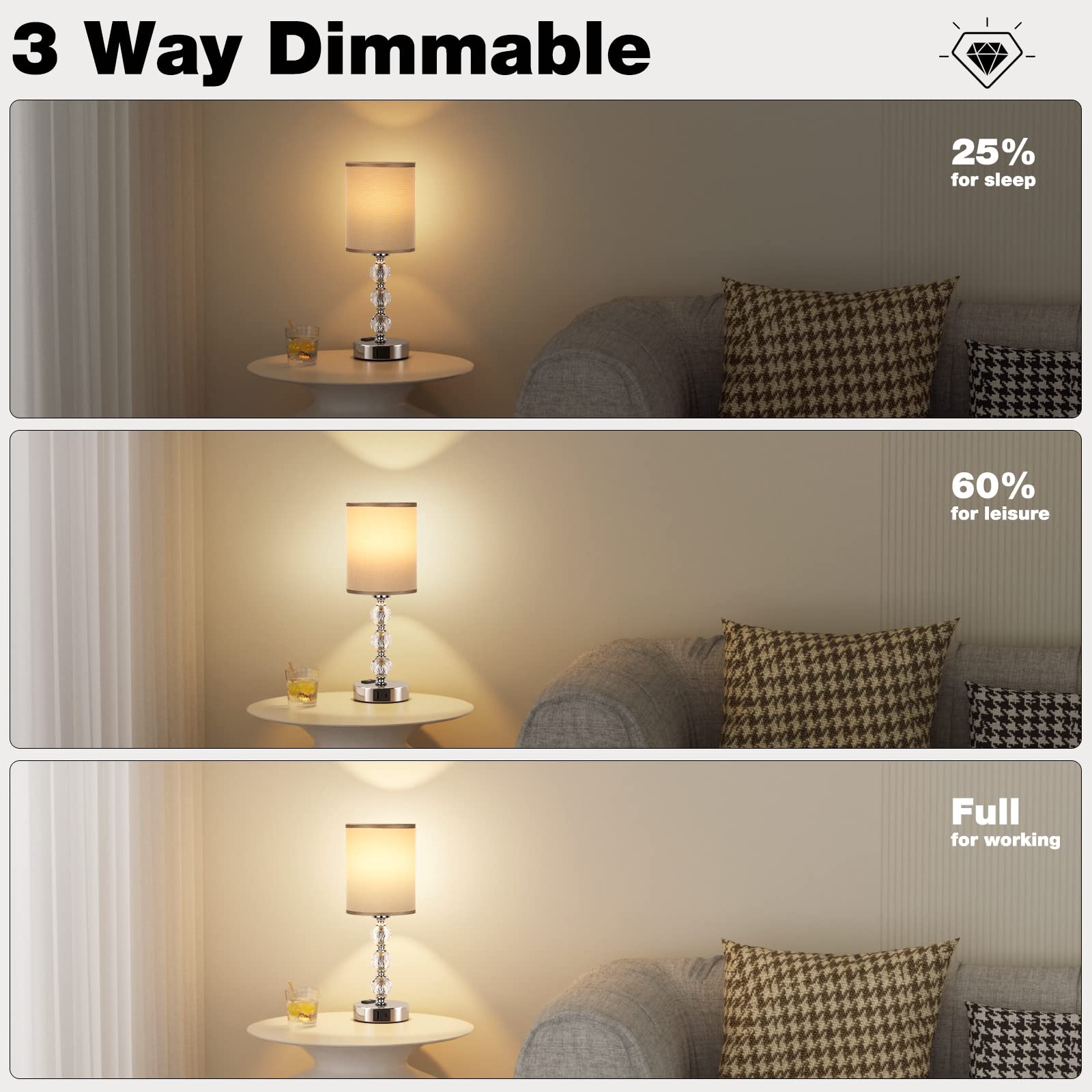 Acaxin grey touch bedside lamp three-way dimming for mood settings.