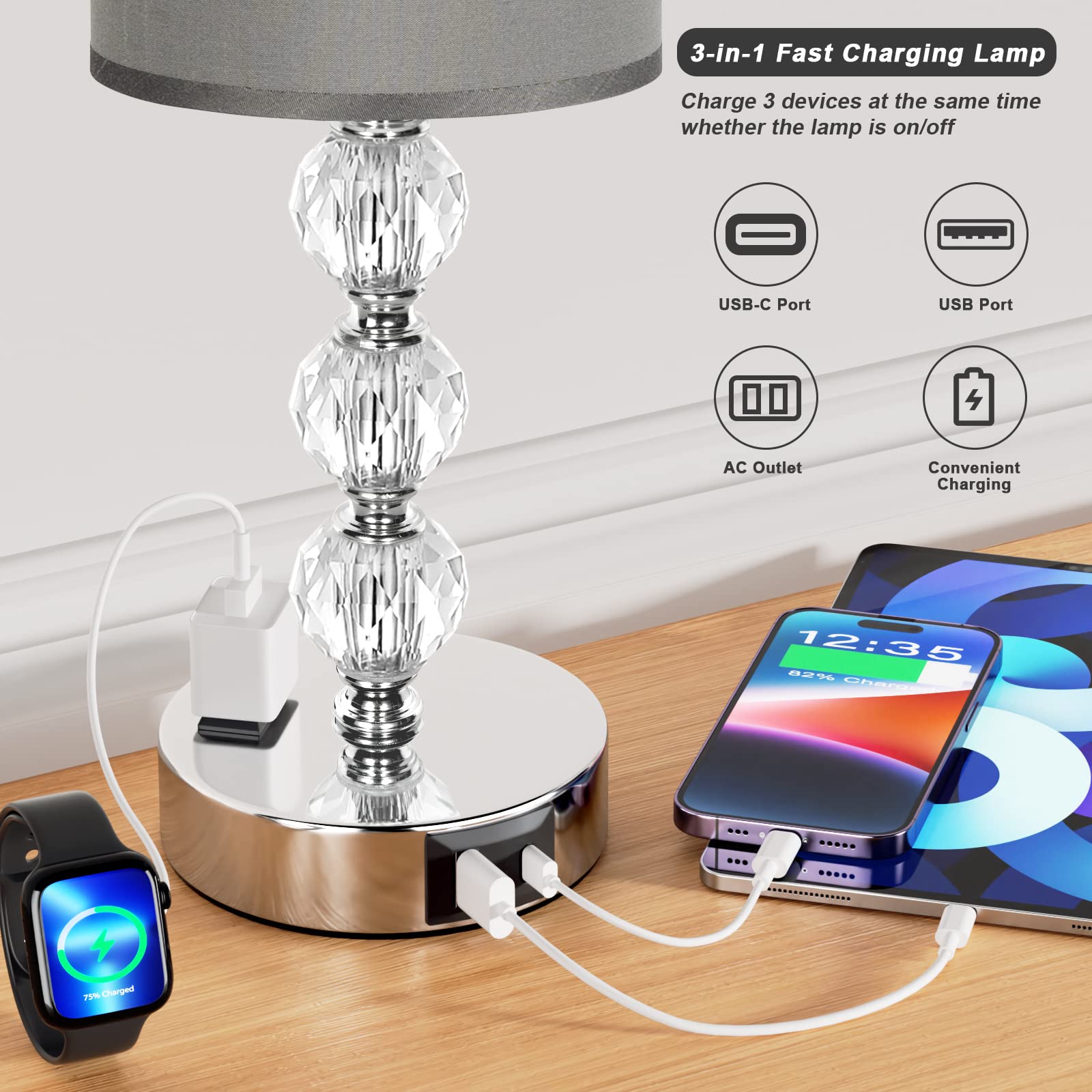 Acaxin grey touch bedside lamp with AC outlet keeps devices powered.