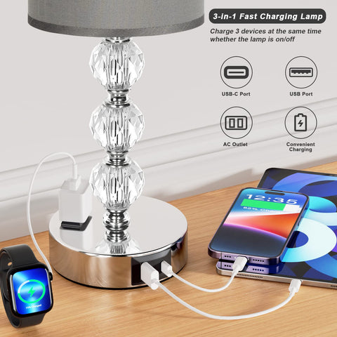 Acaxin grey touch bedside lamp with AC outlet keeps devices powered.