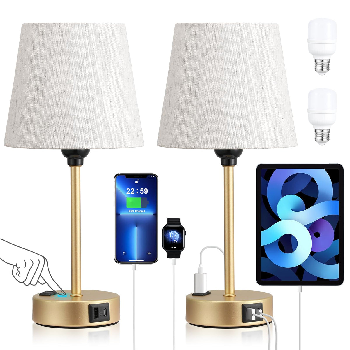 Acaxin two-pack bedside lamps with USB-C and AC outlets for convenient charging