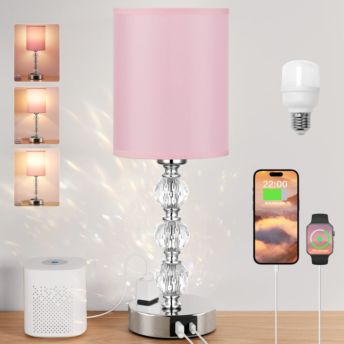 Acaxin Pink Touch Bedside Lamp with crystal base and USB-C charging for clutter-free nights.