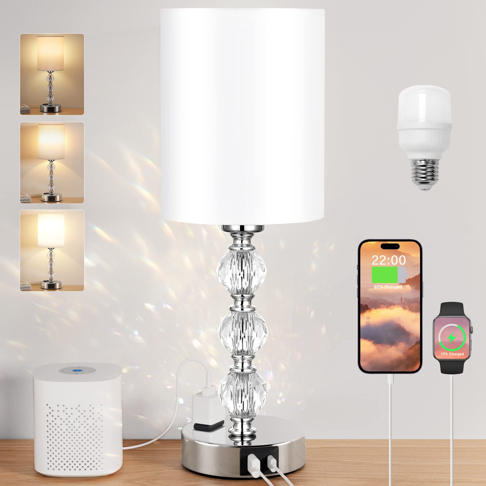 Acaxin touch bedside crystal lamp casts rainbow reflections for a dreamy bedroom ambience.