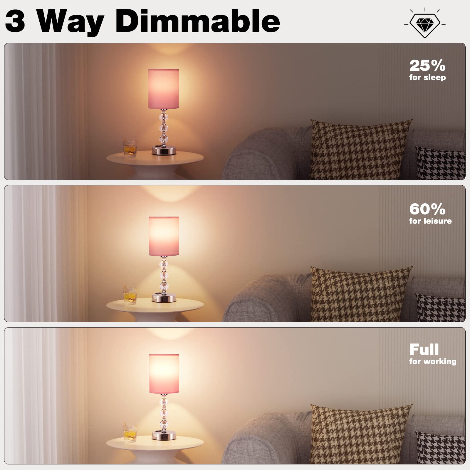 Acaxin 3-way dimmable nightstand lamp suits reading, relaxing, or working.