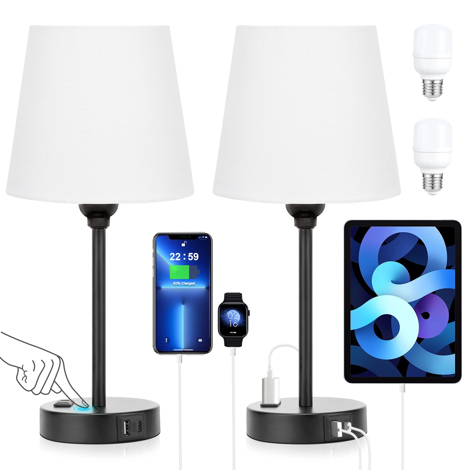 Acaxin white bedside lamps set 2 with charging ports for convenient device charging.