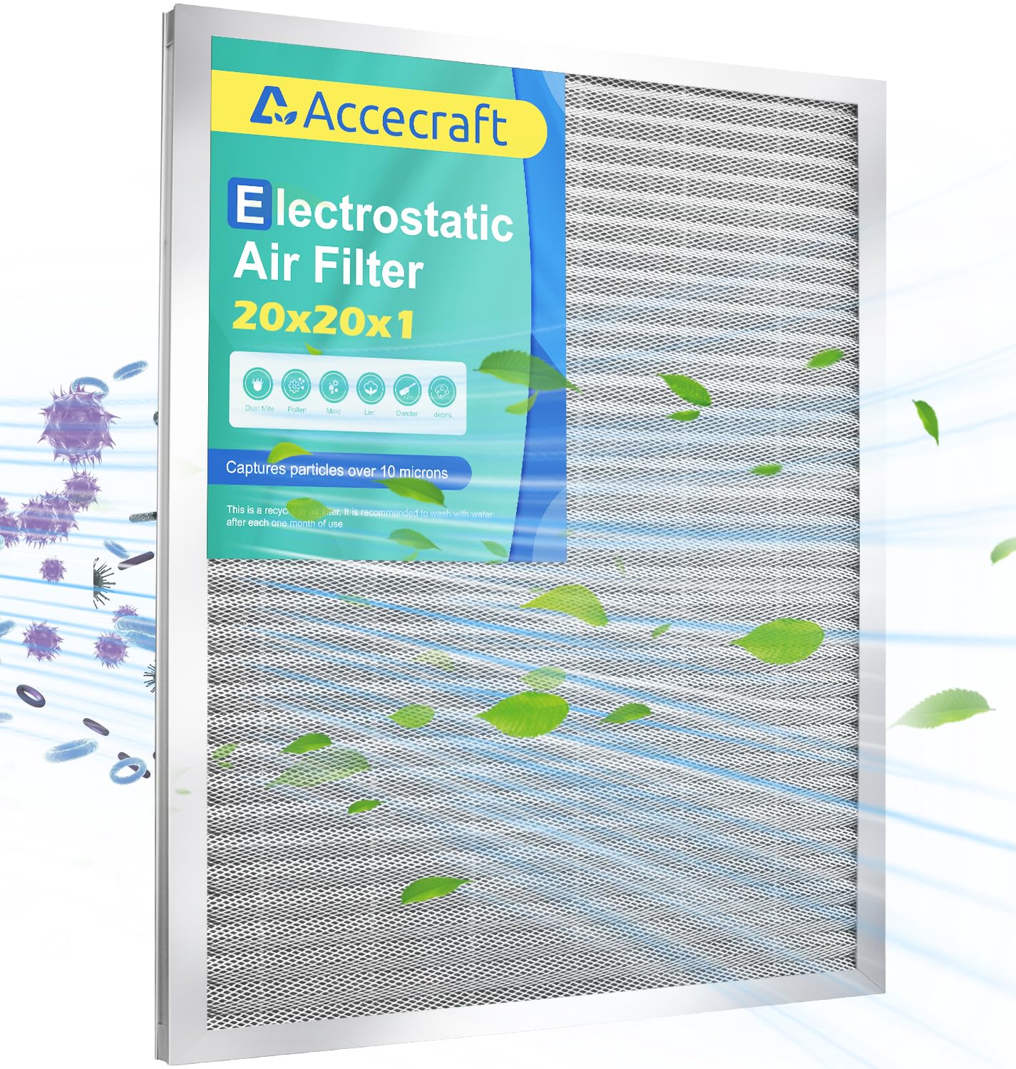 Accecraft electrostatic air filter with aluminum frame for durability.