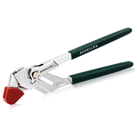ACCELLEA 10-Inch pliers wrench with jaw protectors protects surfaces during gripping.