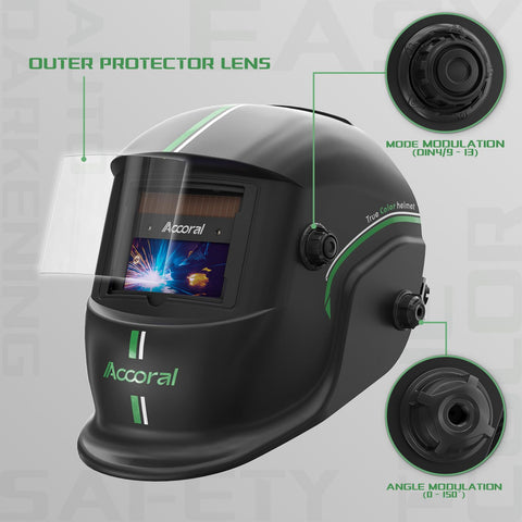 Accoral helmet with adjustable headgear for long welding sessions.