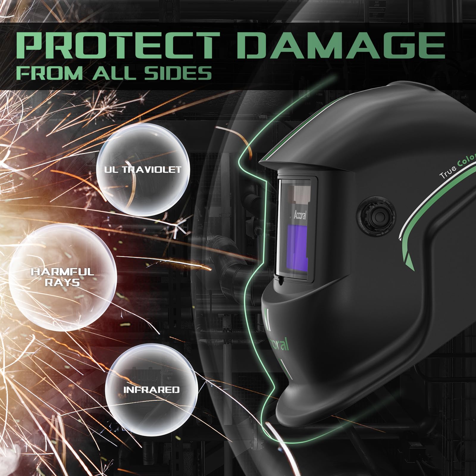 Accoral helmet external control panel for quick shade and delay adjustments.