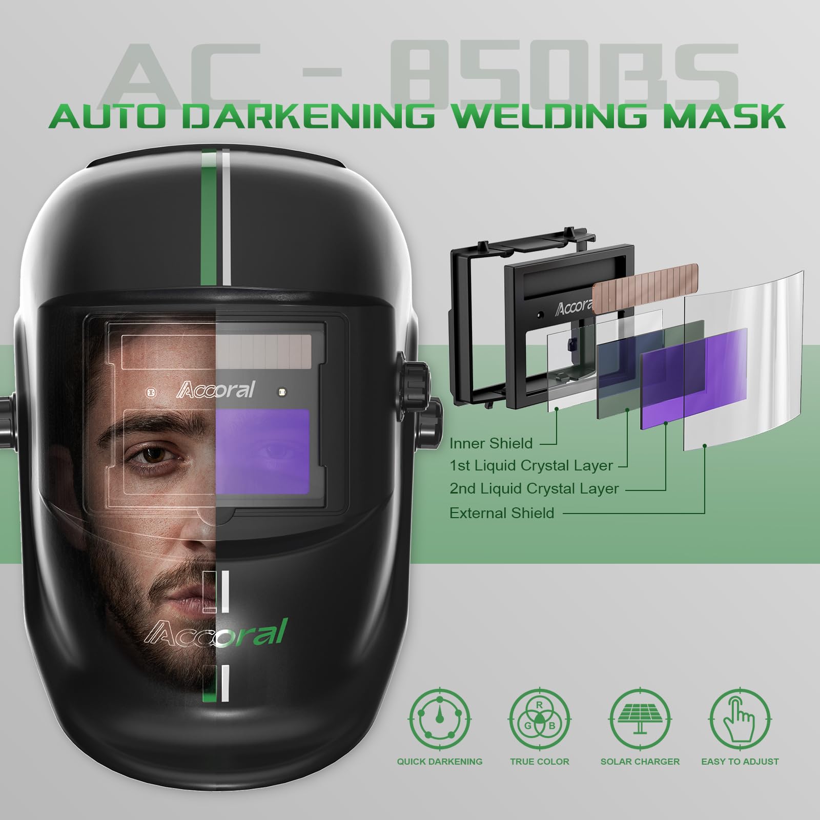 Accoral auto-darkening helmet detects light changes instantly to protect eyes.