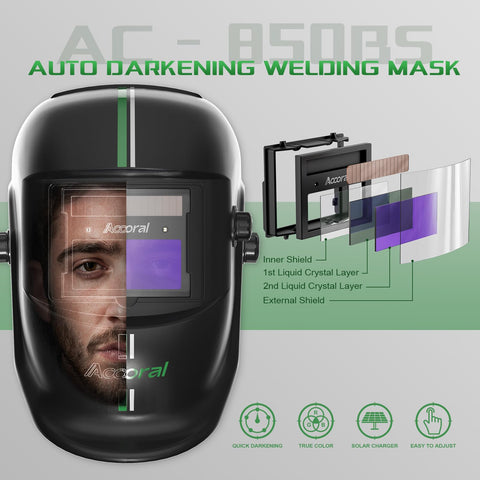 Accoral auto-darkening helmet detects light changes instantly to protect eyes.