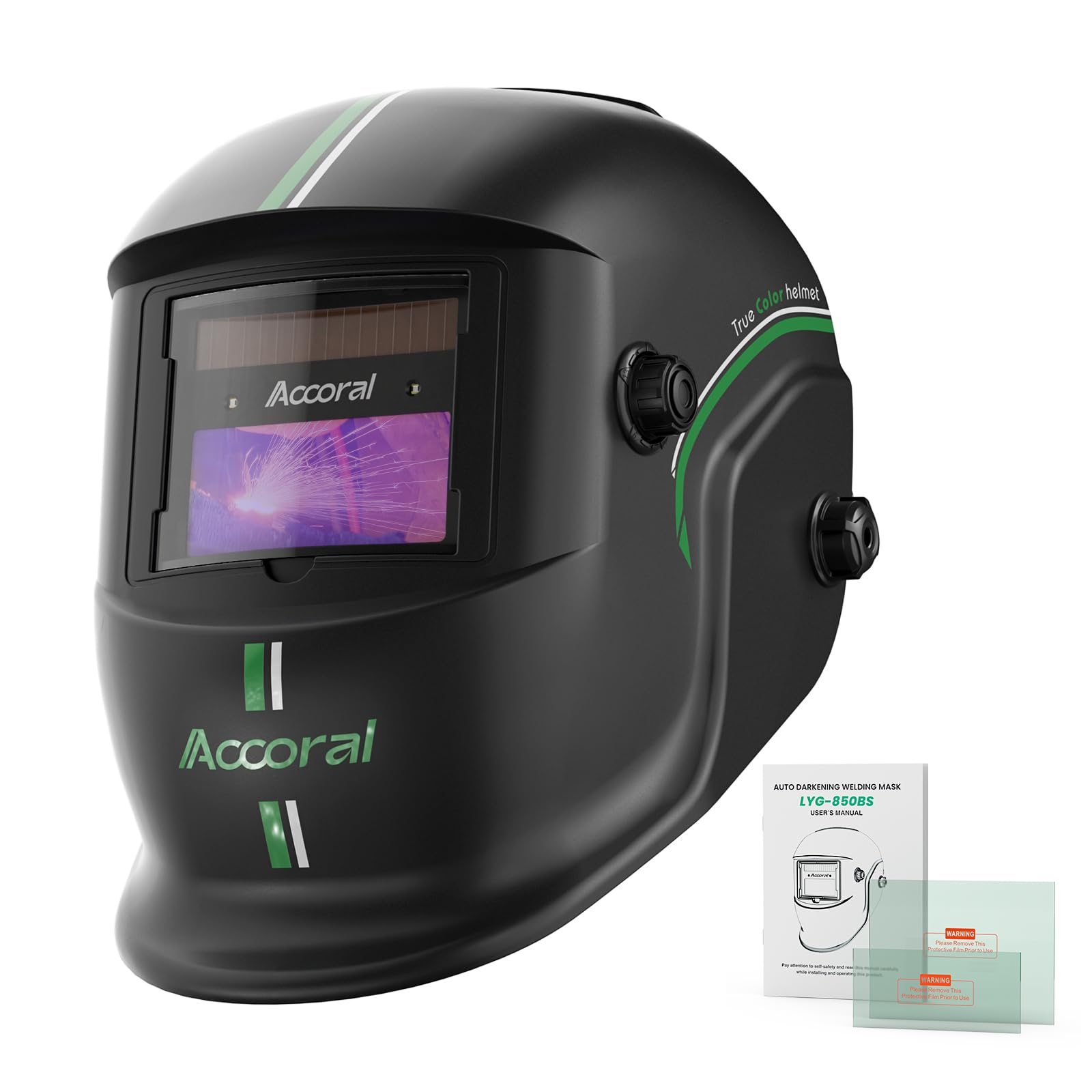 Accoral welding helmet with large viewing screen for accurate weld vision.