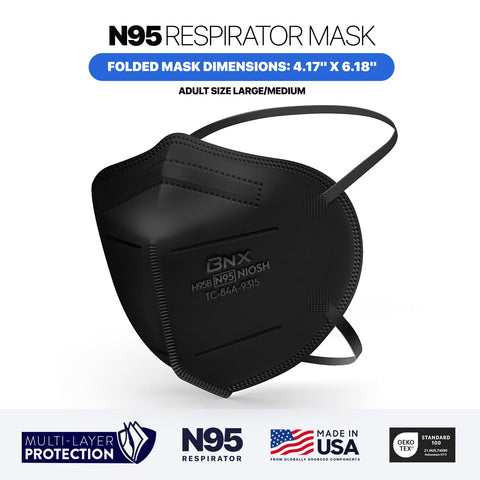 AccuMed BNX N95 mask black flat-fold design for compact storage.
