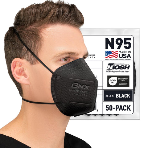 AccuMed BNX N95 mask black front view with 5-layer filtration for breathable protection.