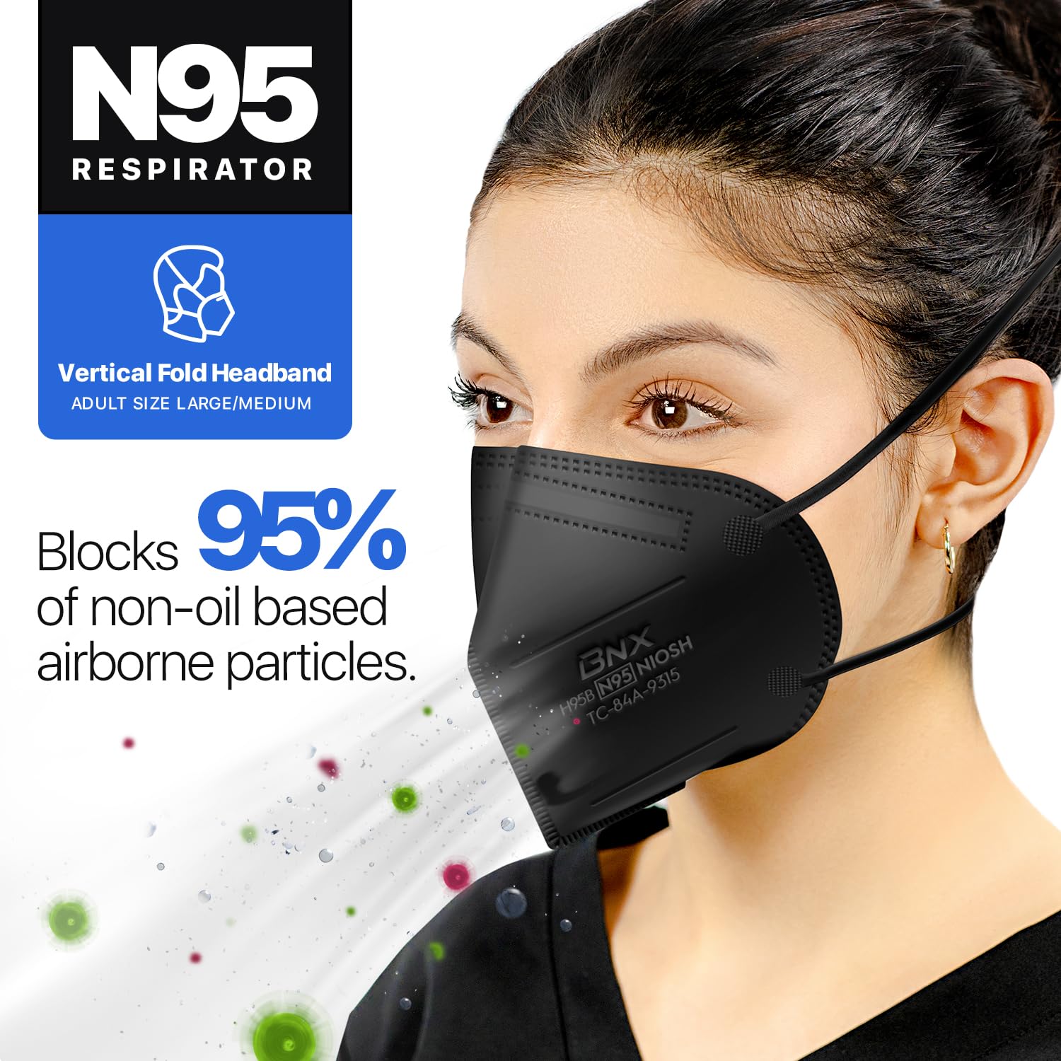 AccuMed BNX N95 mask black over-head straps for secure fit and comfort.