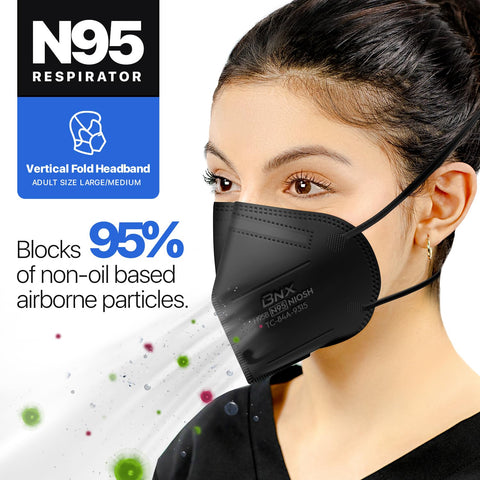 AccuMed BNX N95 mask black over-head straps for secure fit and comfort.
