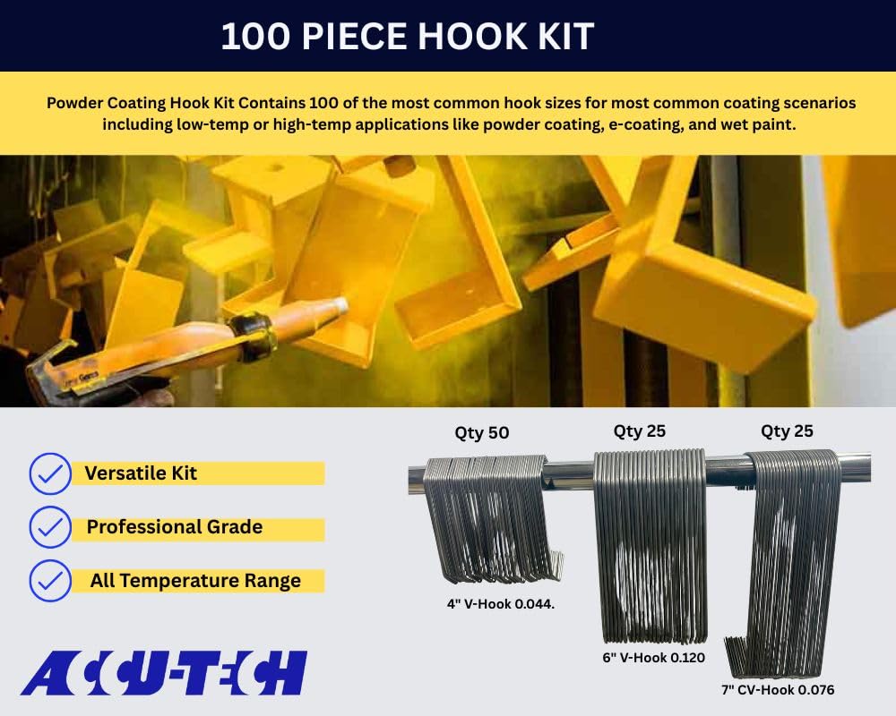 Accutech powder coating hook kit size variants highlights essential hooks for different part sizes.