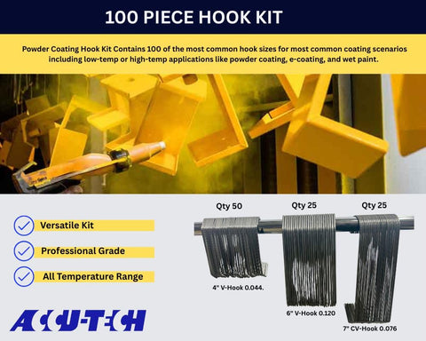 Accutech powder coating hook kit size variants highlights essential hooks for different part sizes.