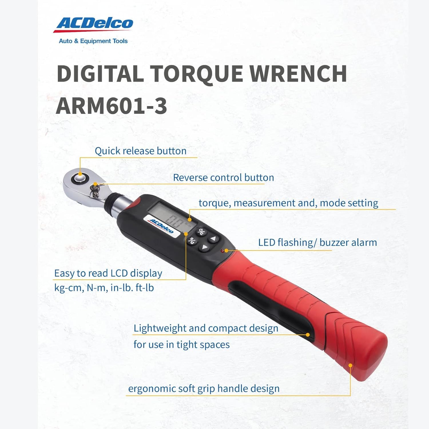 ACDelco ARM601-34 1/2 inch digital torque wrench with clear LCD display.