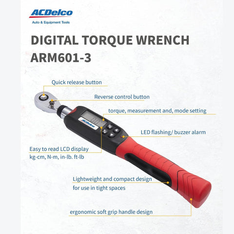 ACDelco ARM601-34 1/2 inch digital torque wrench with clear LCD display.