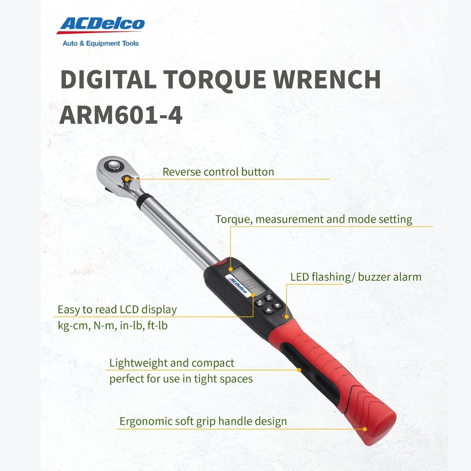 ACDelco ARM601-34 LCD display and beeper confirm torque values in real time.