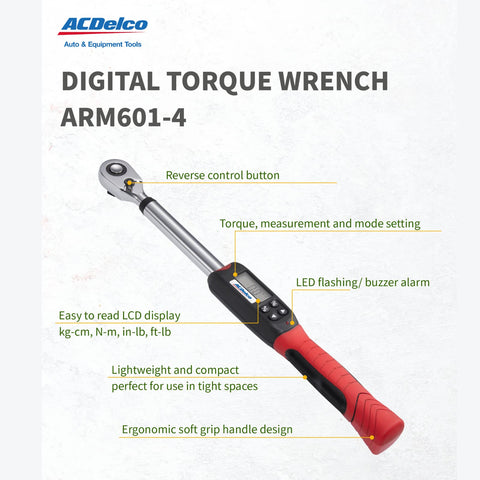ACDelco ARM601-4 torque wrench close-up shows clear ft-lbs and Nm readings