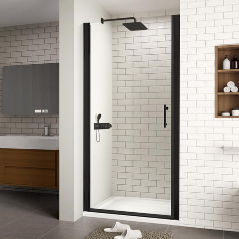 ACE DECOR frameless pivot shower door front view with adjustable width