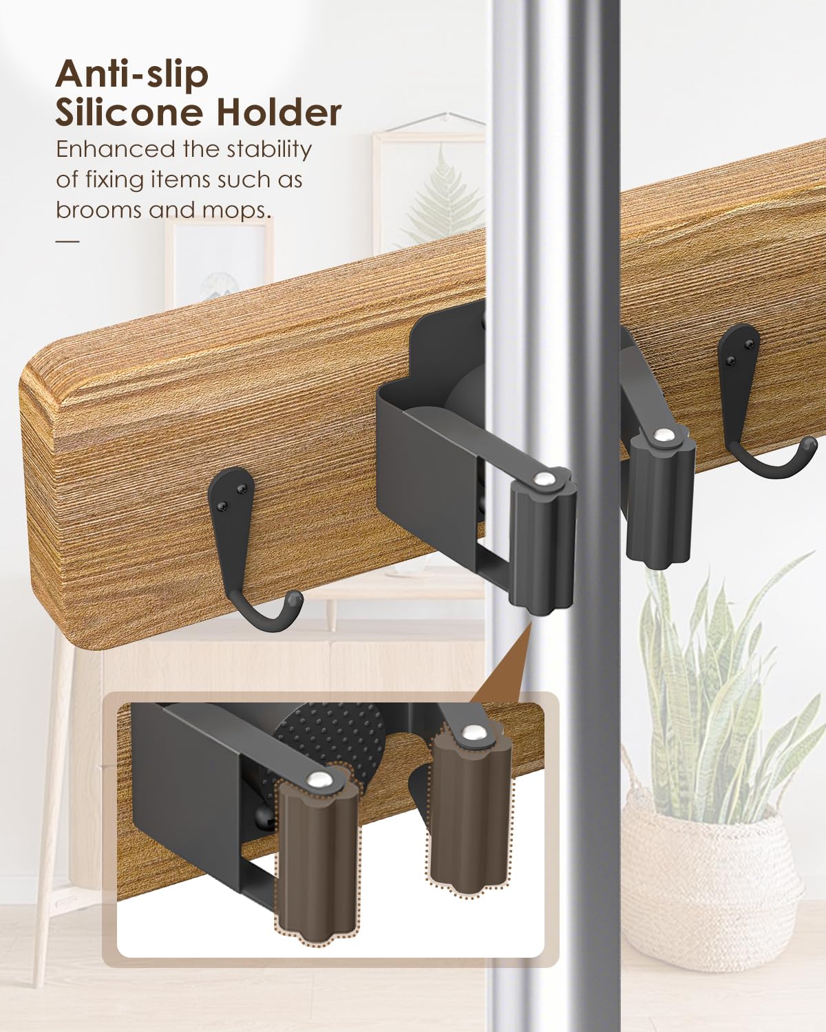 AceMining anti-slip-rubber-bumpers secure placement for mops and brooms.