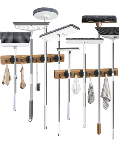 AceMining broom-holder-wall-mounted-2-pack keeps brooms tidy and easily reachable.