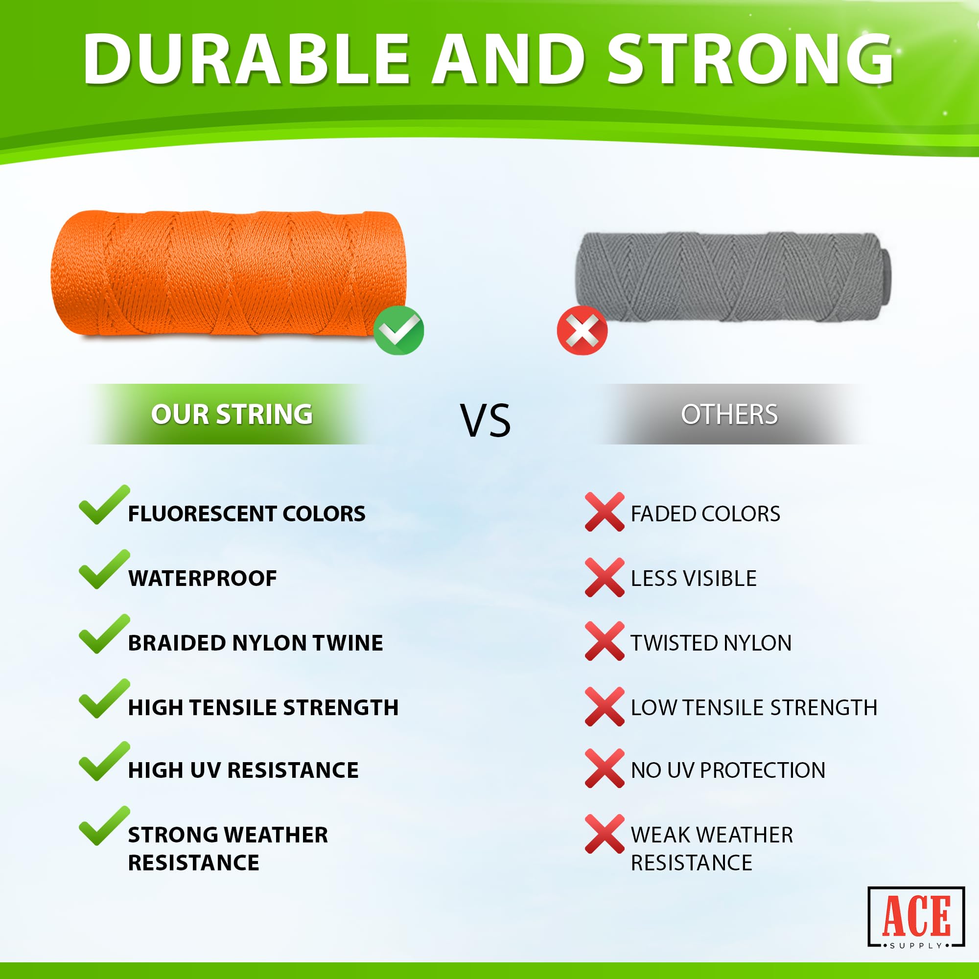 ACE Supply orange mason line, bright visibility nylon twine for level work and layout.