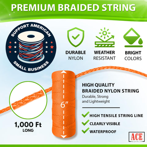 ACE Supply orange mason line braided nylon string, ideal for tomato trellis and outdoor marking.