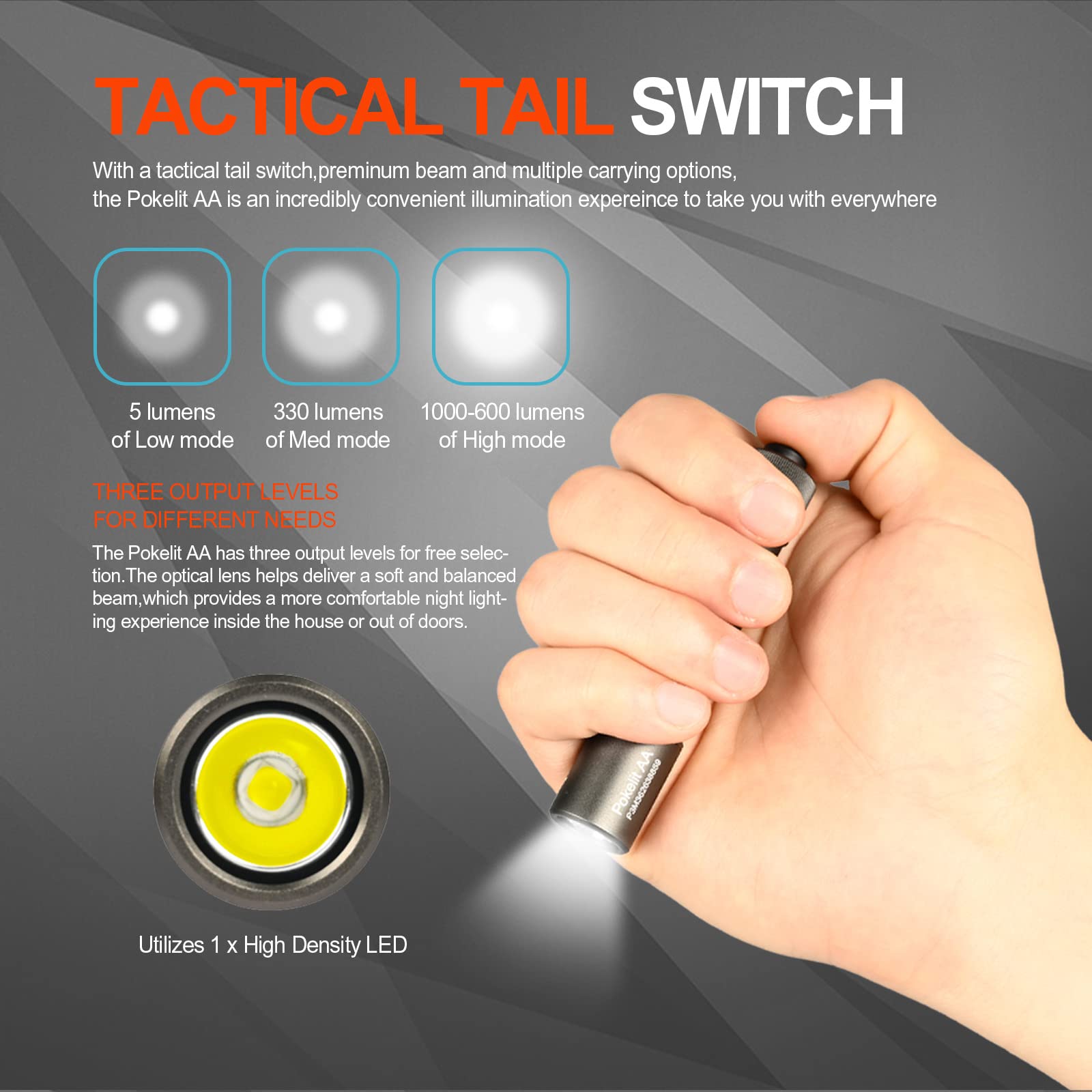 ACEBEAM Pokelit beam distance of 105 meters for long-range illumination.