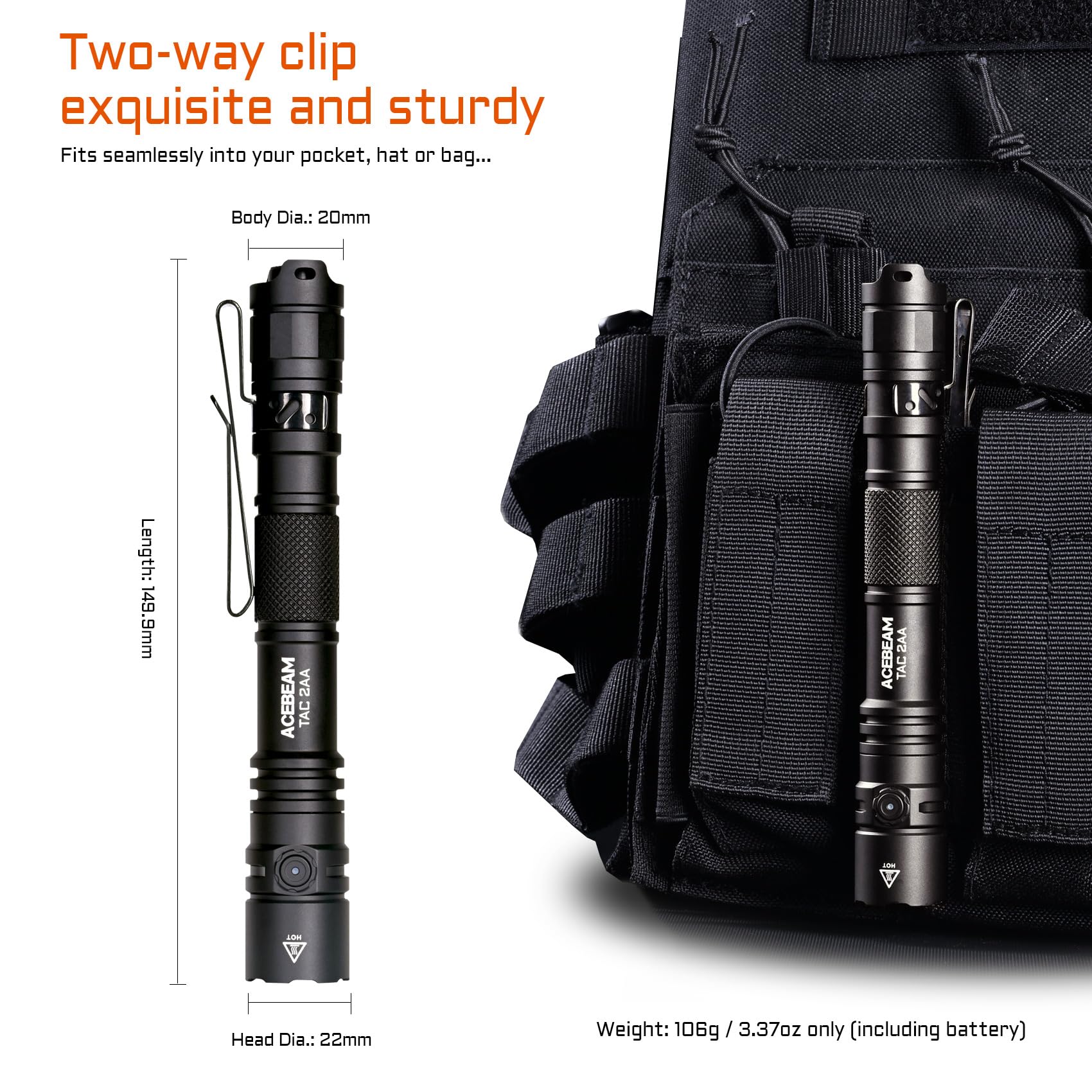 ACEBEAM TAC 2AA beam throw highlighting long-range illumination for outdoor tasks.