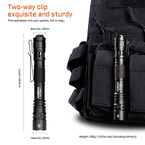 ACEBEAM TAC 2AA beam throw highlighting long-range illumination for outdoor tasks.